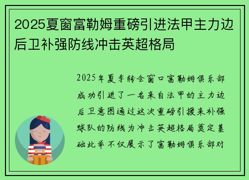 2025夏窗富勒姆重磅引进法甲主力边后卫补强防线冲击英超格局 2025夏窗富勒姆重磅引进法甲主力边后卫补强防线冲击英超格局