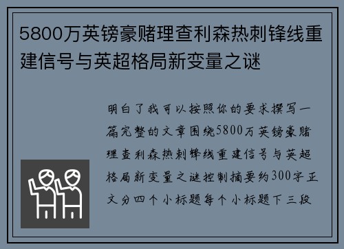 5800万英镑豪赌理查利森热刺锋线重建信号与英超格局新变量之谜 5800万英镑豪赌理查利森热刺锋线重建信号与英超格局新变量之谜